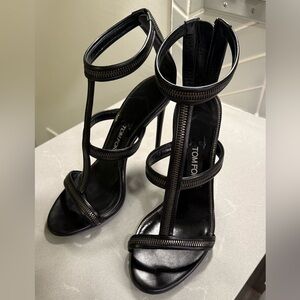 Tom Ford Elegant Black Strappy Sandel Heels Zipper 39